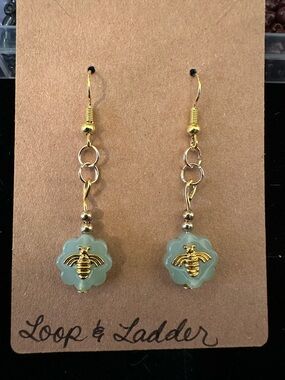 Gold Bee Drop Earrings in Turquoise